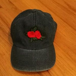 Rose Embroidered Denim Baseball Hat